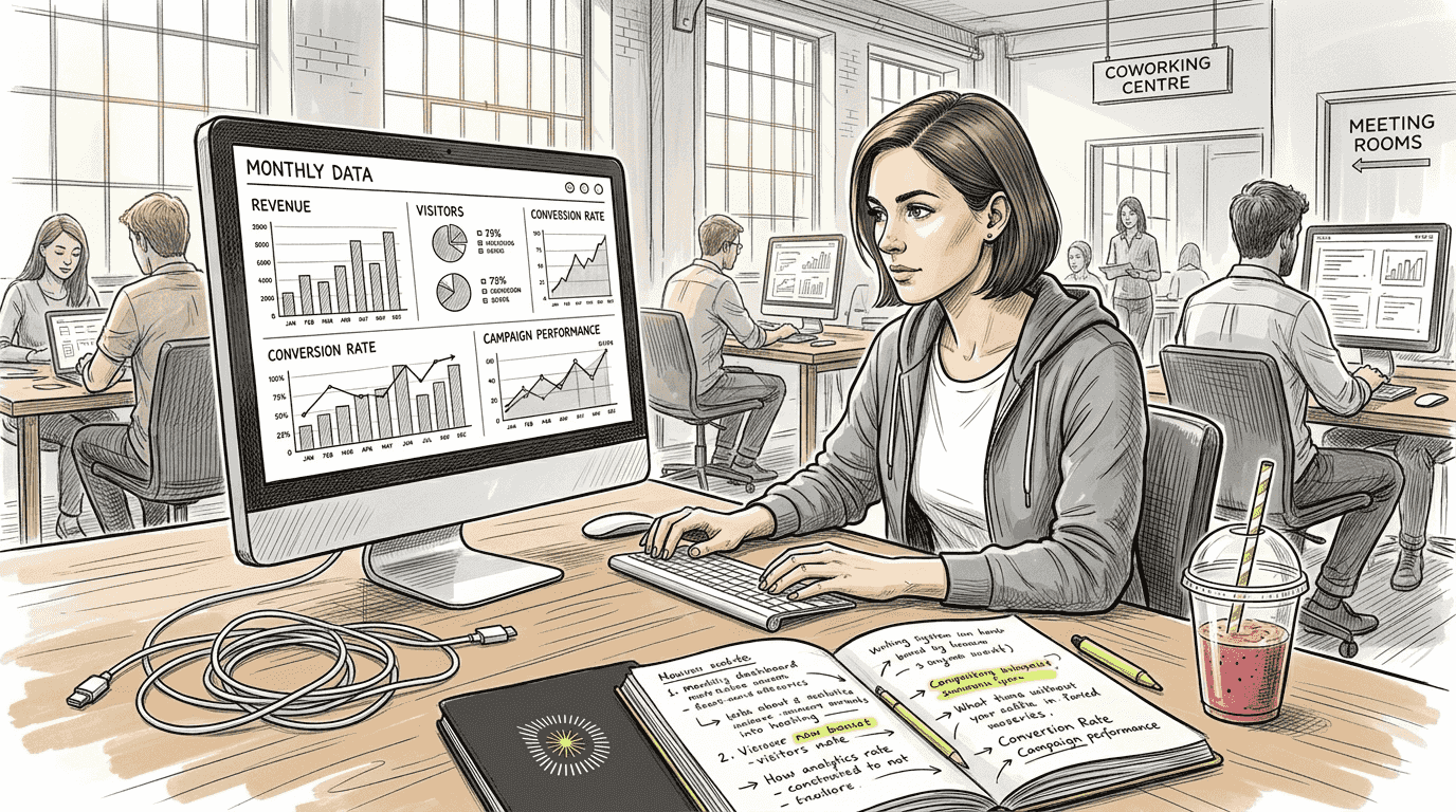 1773507377204_Marketer-reviewing-landing-page-analytics-in-coworking-space Marketer reviewing landing page analytics in coworking space